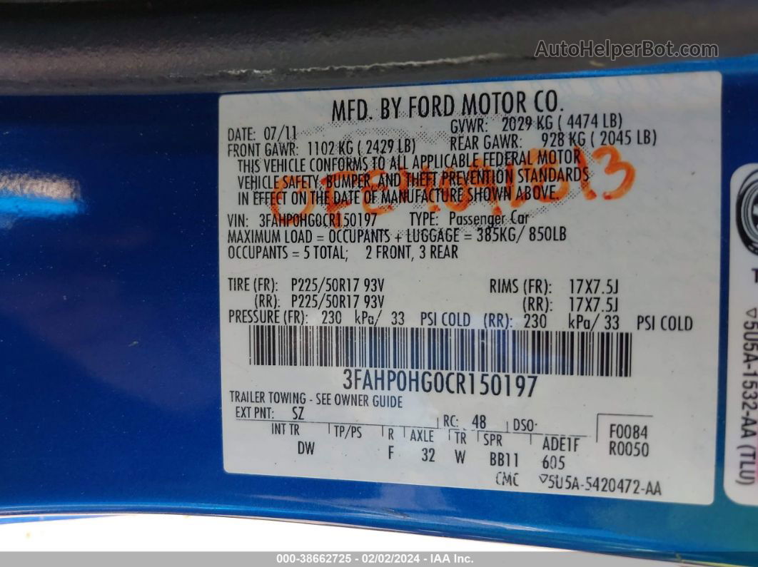 2012 Ford Fusion Se Blue vin: 3FAHP0HG0CR150197