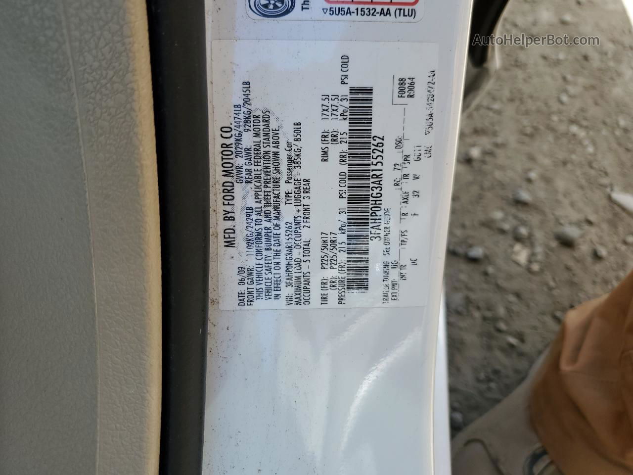 2010 Ford Fusion Se White vin: 3FAHP0HG3AR155262