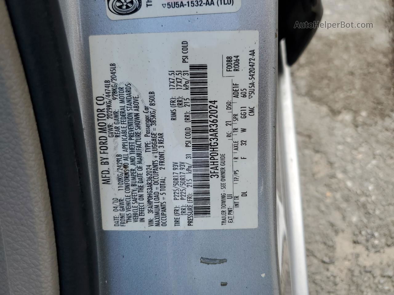 2010 Ford Fusion Se Silver vin: 3FAHP0HG3AR362024