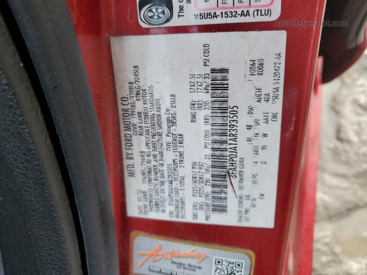 2010 Ford Fusion Sel Red vin: 3FAHP0JA1AR393505