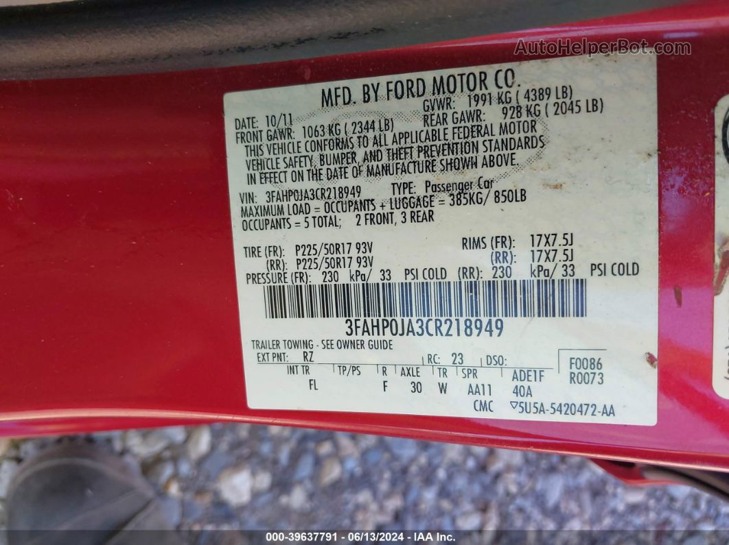 2012 Ford Fusion Sel Red vin: 3FAHP0JA3CR218949