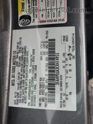 2012 Ford Fusion Sel Charcoal vin: 3FAHP0JA3CR414955