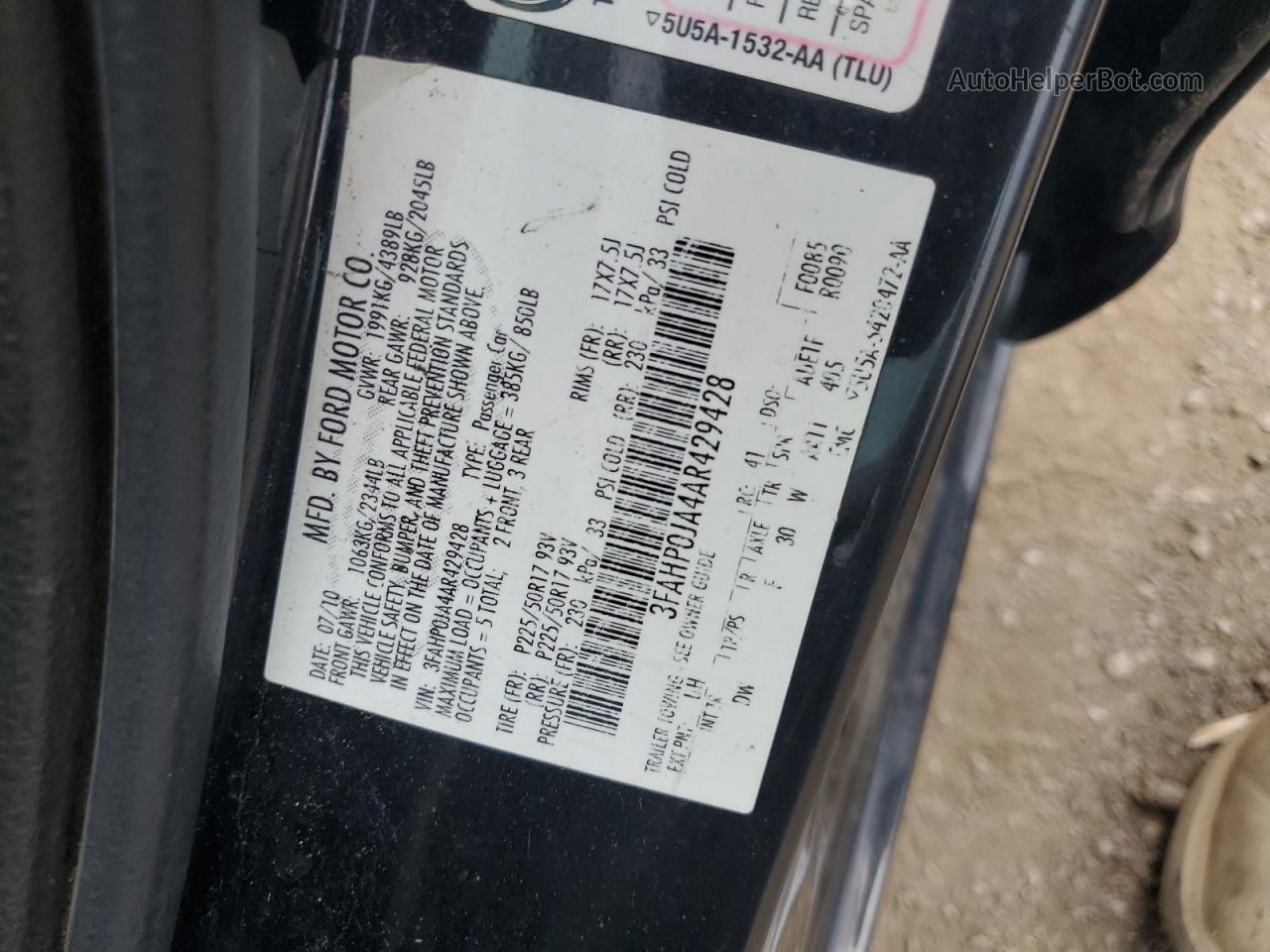 2010 Ford Fusion Sel Угольный vin: 3FAHP0JA4AR429428