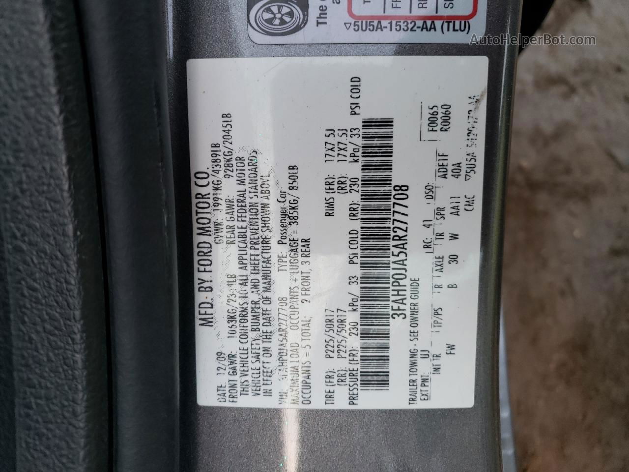 2010 Ford Fusion Sel Gray vin: 3FAHP0JA5AR277708