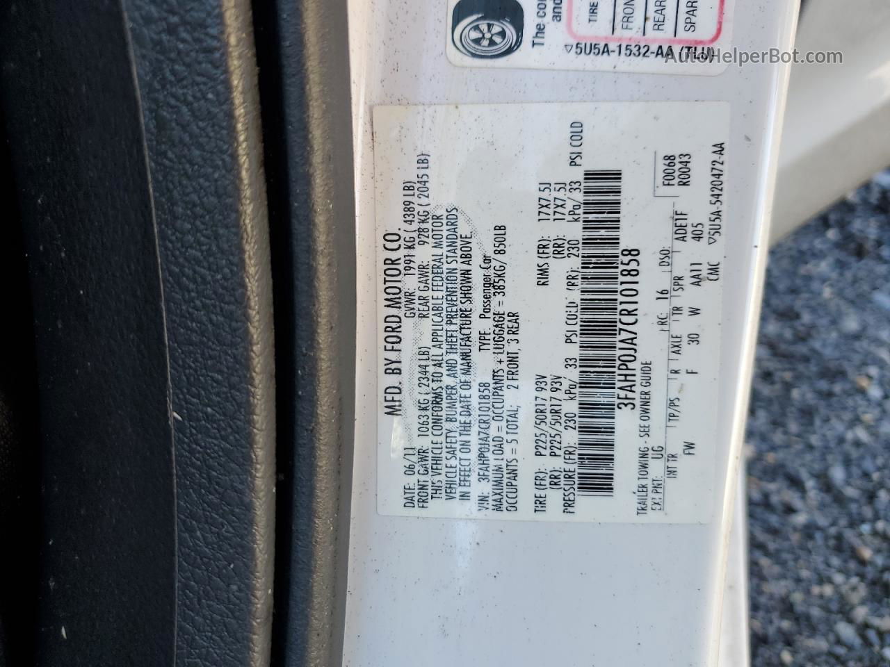 2012 Ford Fusion Sel White vin: 3FAHP0JA7CR101858