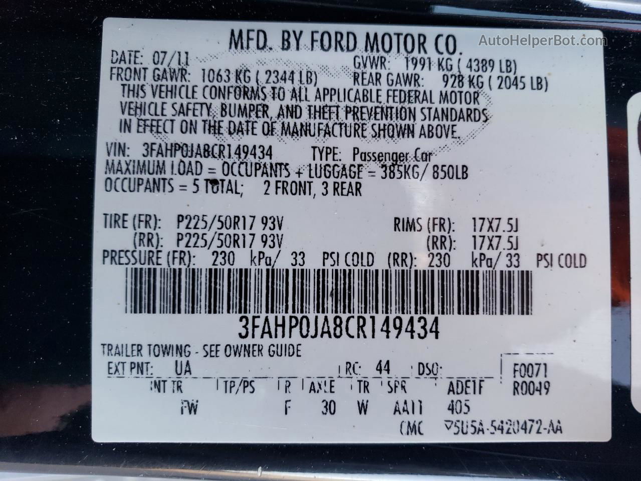 2012 Ford Fusion Sel Black vin: 3FAHP0JA8CR149434