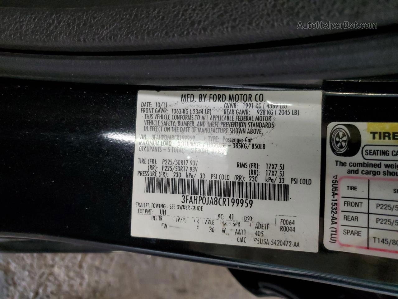 2012 Ford Fusion Sel Black vin: 3FAHP0JA8CR199959