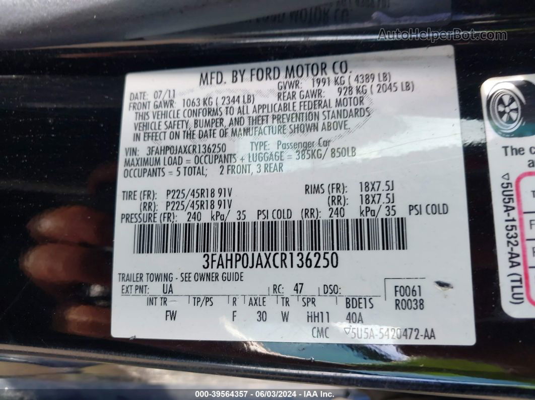 2012 Ford Fusion Sel Черный vin: 3FAHP0JAXCR136250