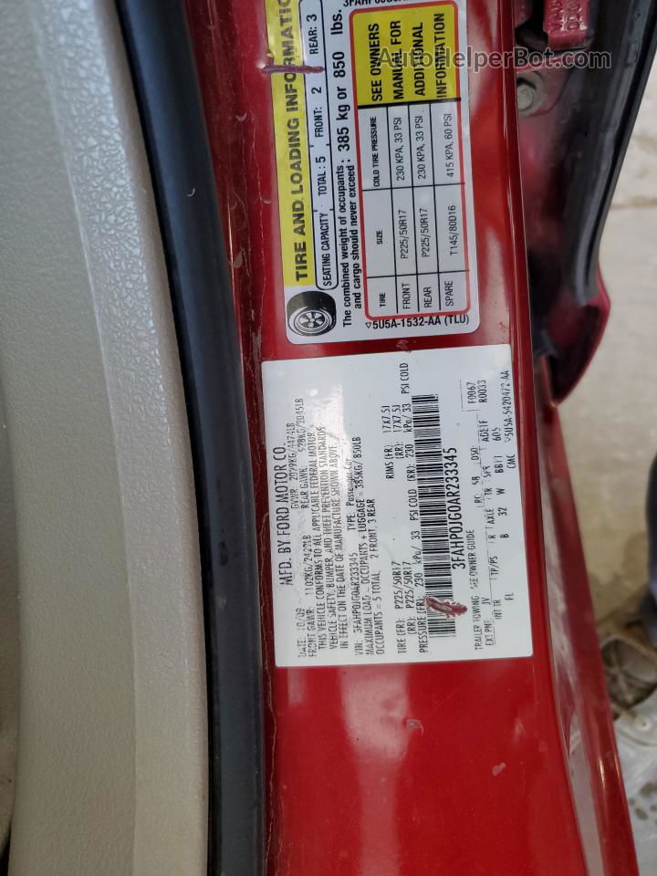 2010 Ford Fusion Sel Red vin: 3FAHP0JG0AR233345