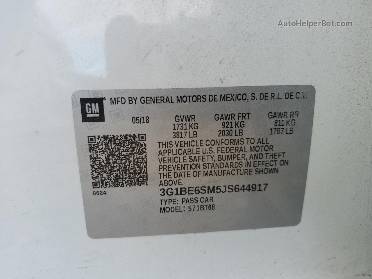 2018 Chevrolet Cruze Lt Белый vin: 3G1BE6SM5JS644917