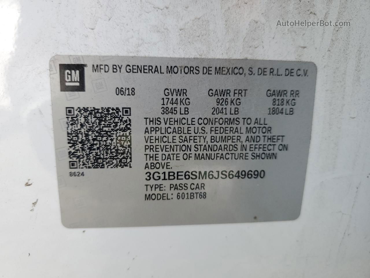 2018 Chevrolet Cruze Lt White vin: 3G1BE6SM6JS649690