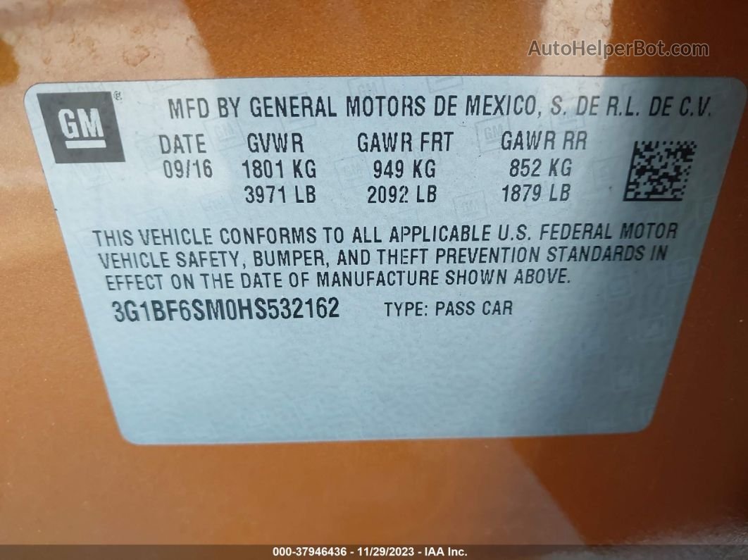 2017 Chevrolet Cruze Premier Auto Оранжевый vin: 3G1BF6SM0HS532162