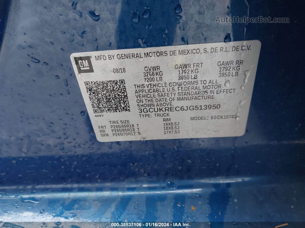 2018 Chevrolet Silverado 1500 1lt Blue vin: 3GCUKREC6JG513950