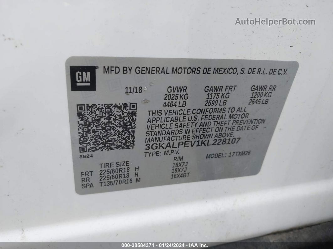 2019 Gmc Terrain Slt White vin: 3GKALPEV1KL228107