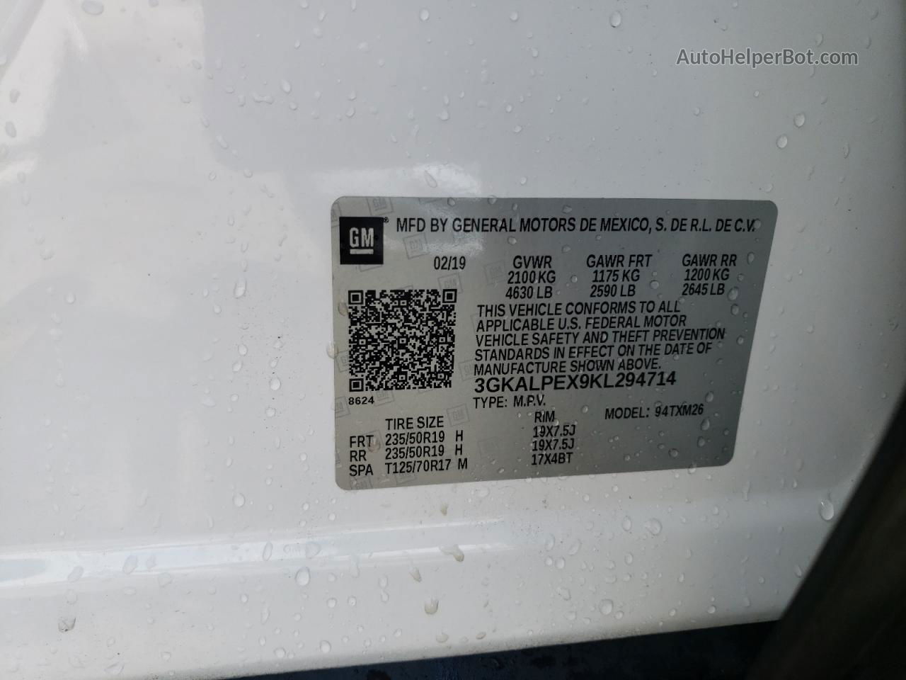 2019 Gmc Terrain Slt White vin: 3GKALPEX9KL294714