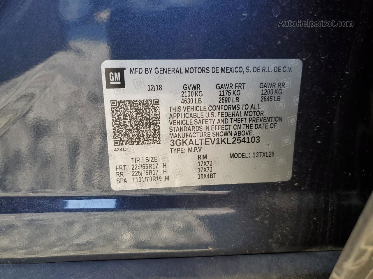 2019 Gmc Terrain Sle Blue vin: 3GKALTEV1KL254103