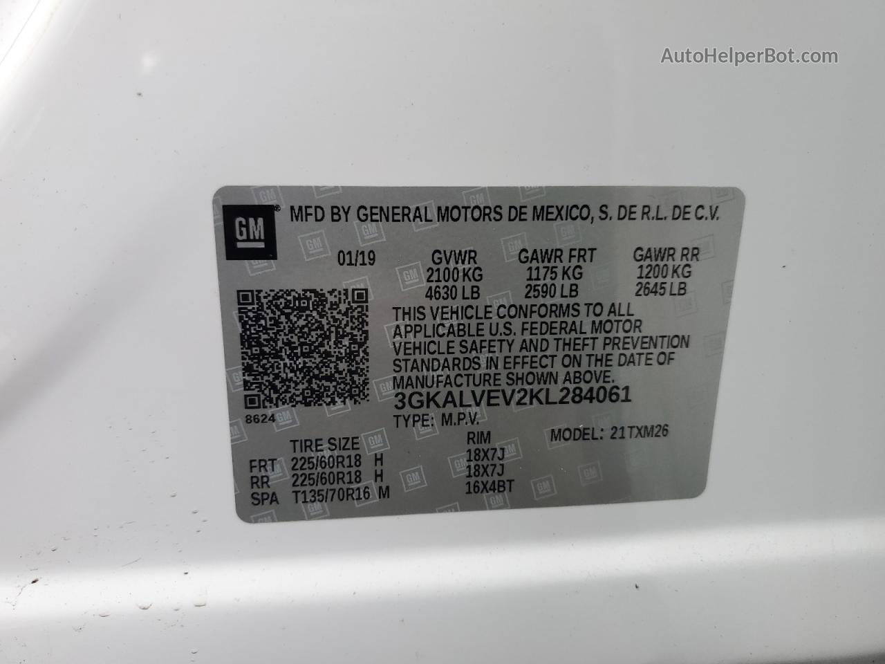 2019 Gmc Terrain Slt White vin: 3GKALVEV2KL284061