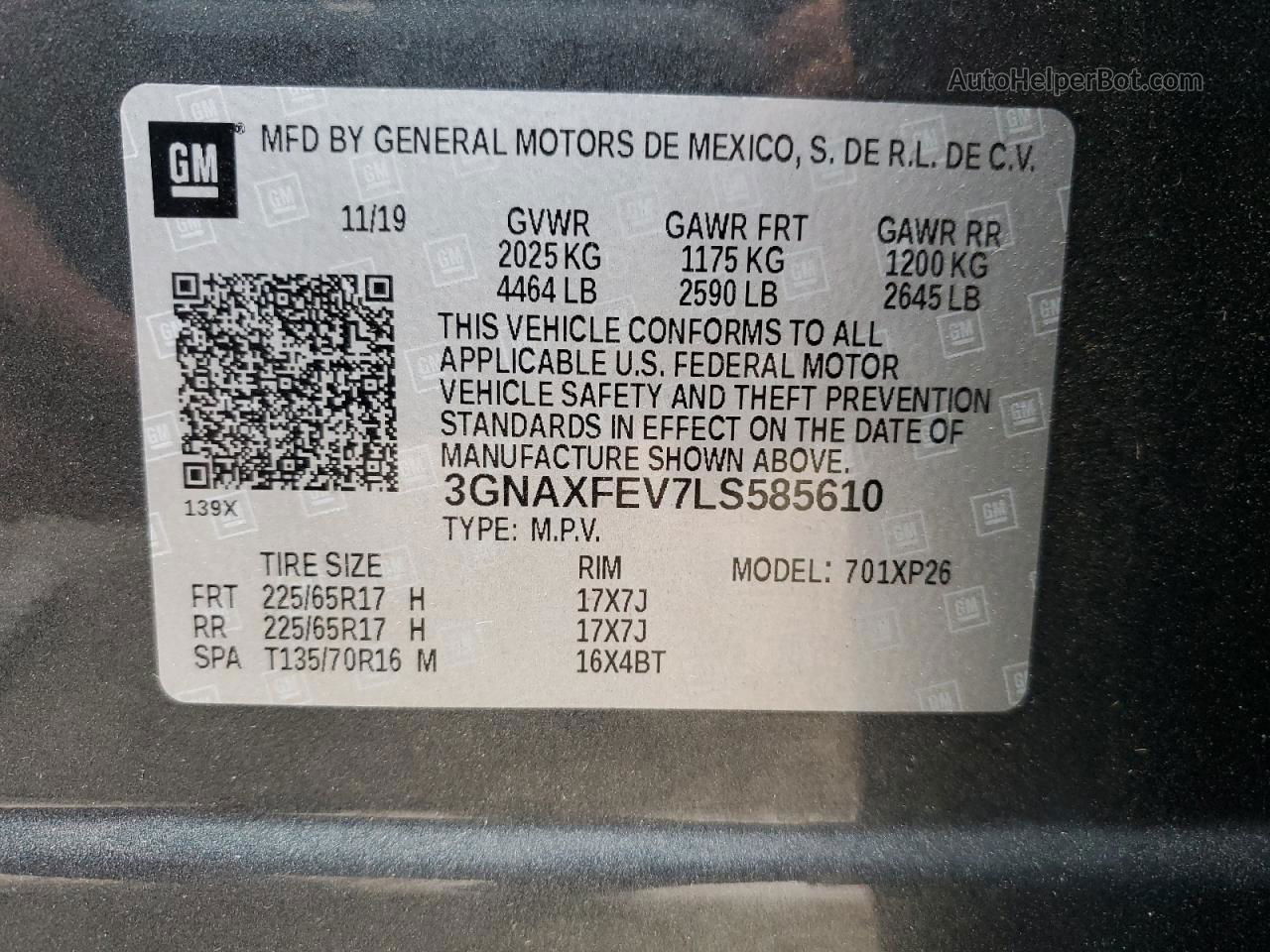 2020 Chevrolet Equinox  Gray vin: 3GNAXFEV7LS585610