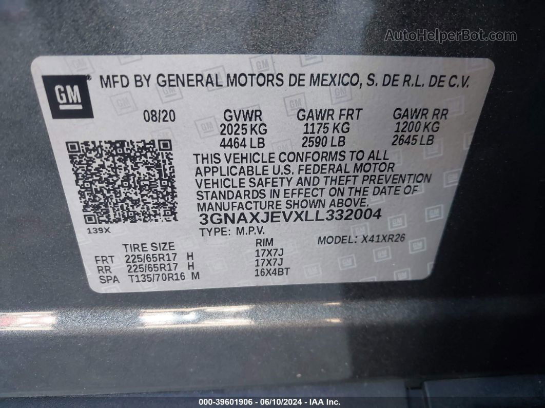 2020 Chevrolet Equinox Fwd 2fl Gray vin: 3GNAXJEVXLL332004