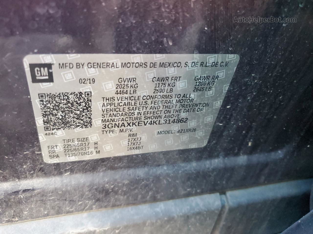 2019 Chevrolet Equinox Lt Blue vin: 3GNAXKEV4KL314862