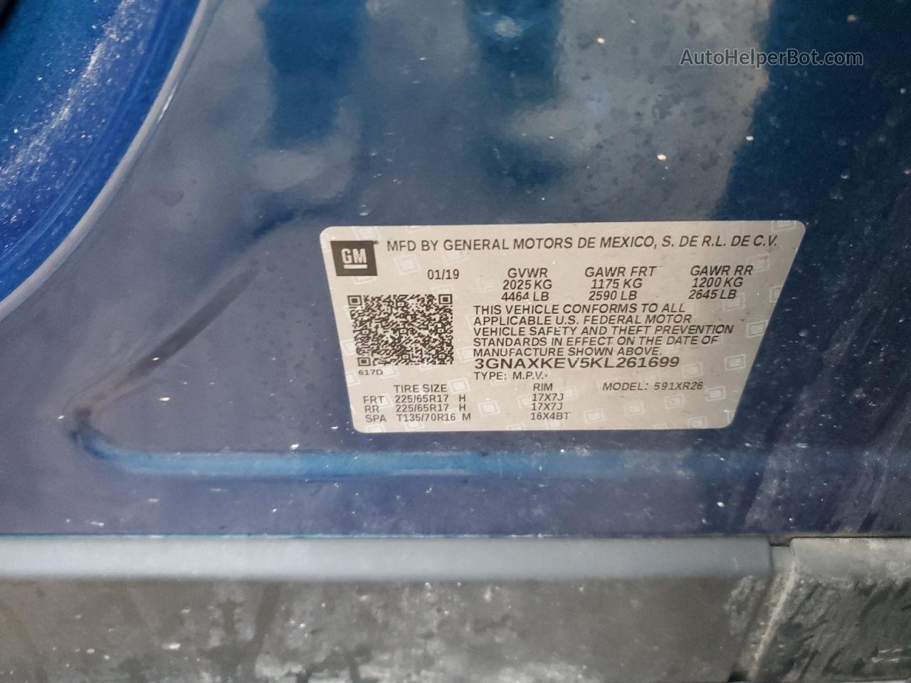 2019 Chevrolet Equinox Lt Blue vin: 3GNAXKEV5KL261699