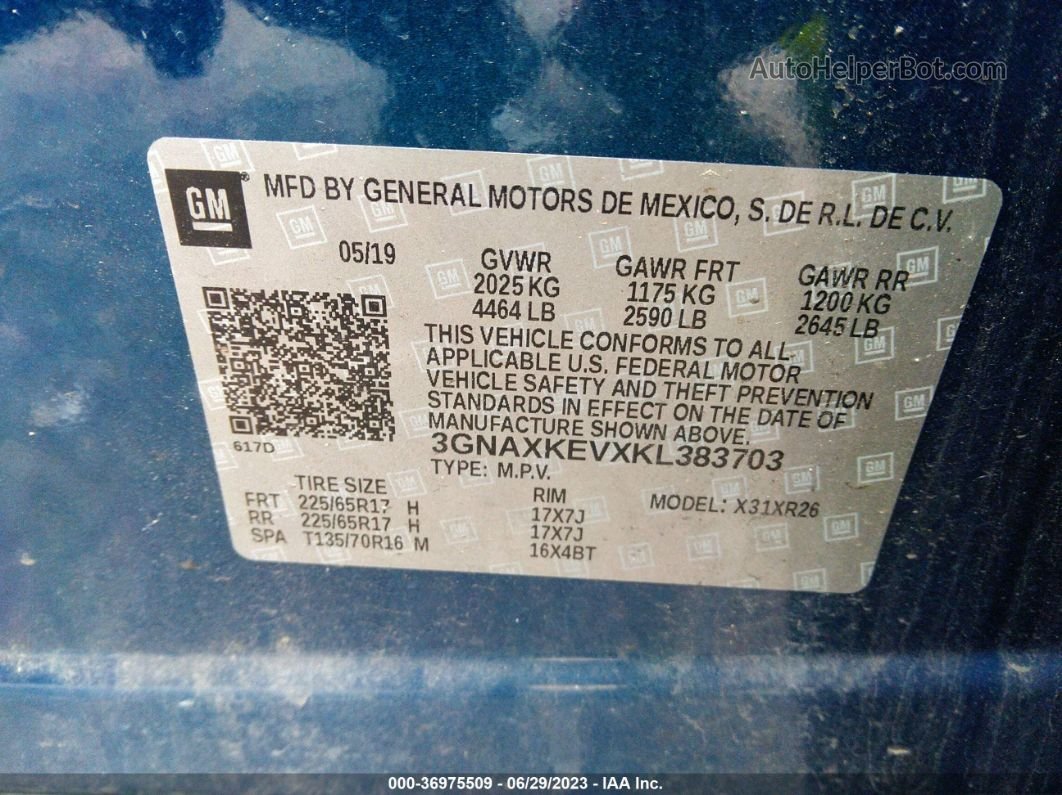 2019 Chevrolet Equinox Lt Синий vin: 3GNAXKEVXKL383703
