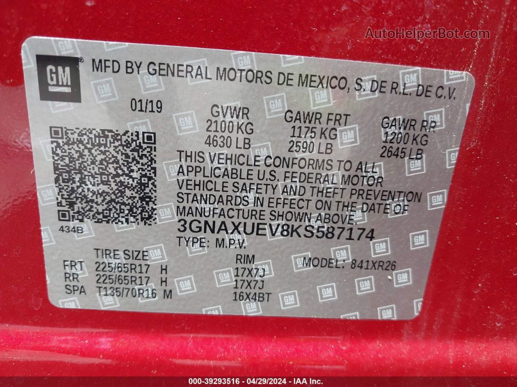 2019 Chevrolet Equinox Lt Red vin: 3GNAXUEV8KS587174