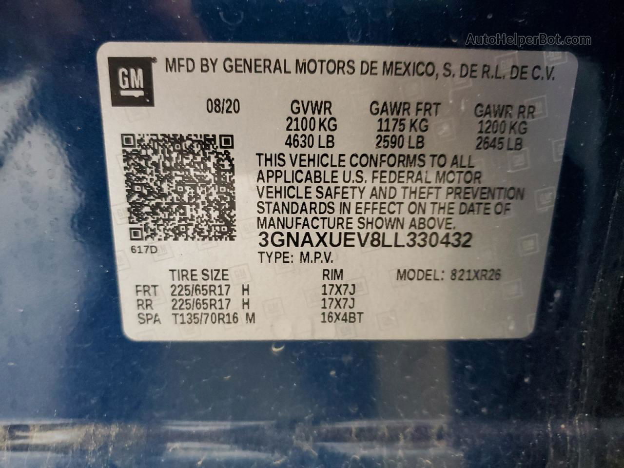 2020 Chevrolet Equinox Lt Blue vin: 3GNAXUEV8LL330432