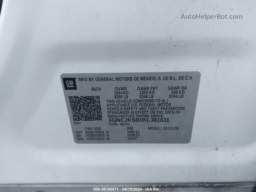 2019 Chevrolet Trax Ls White vin: 3GNCJKSB0KL381611