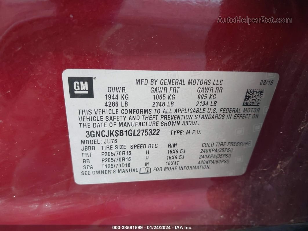 2016 Chevrolet Trax 1ls Maroon vin: 3GNCJKSB1GL275322