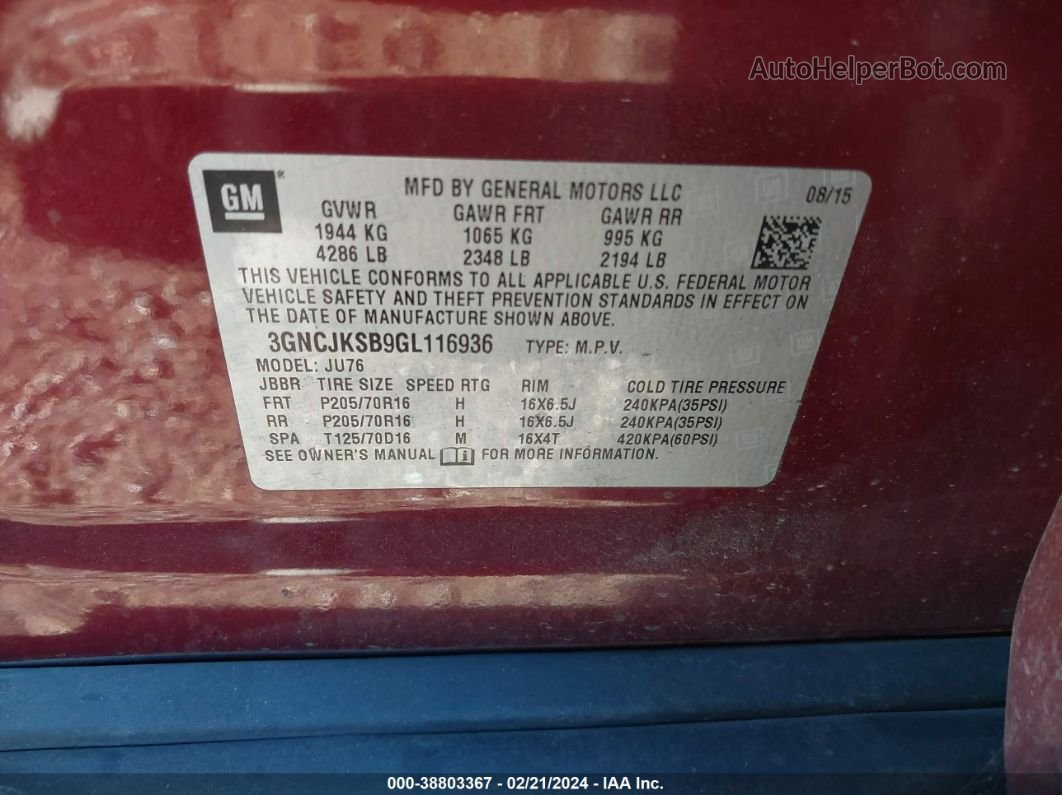 2016 Chevrolet Trax 1ls Красный vin: 3GNCJKSB9GL116936