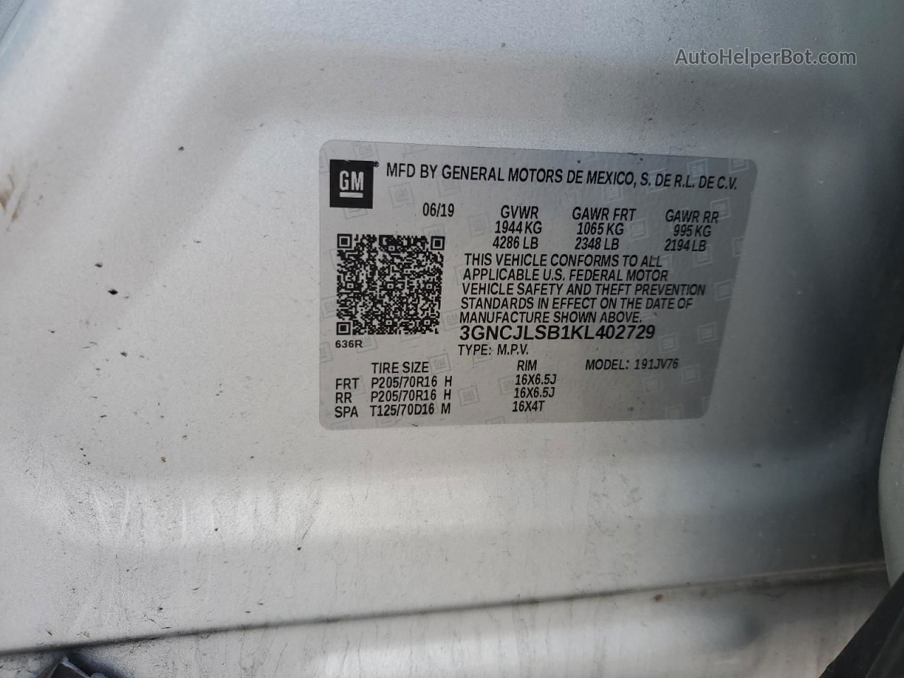 2019 Chevrolet Trax 1lt Gray vin: 3GNCJLSB1KL402729