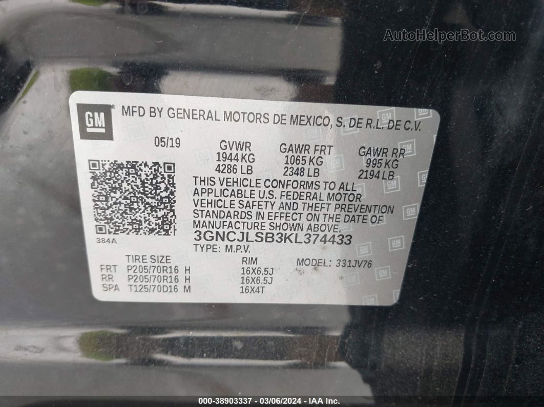 2019 Chevrolet Trax Lt Черный vin: 3GNCJLSB3KL374433
