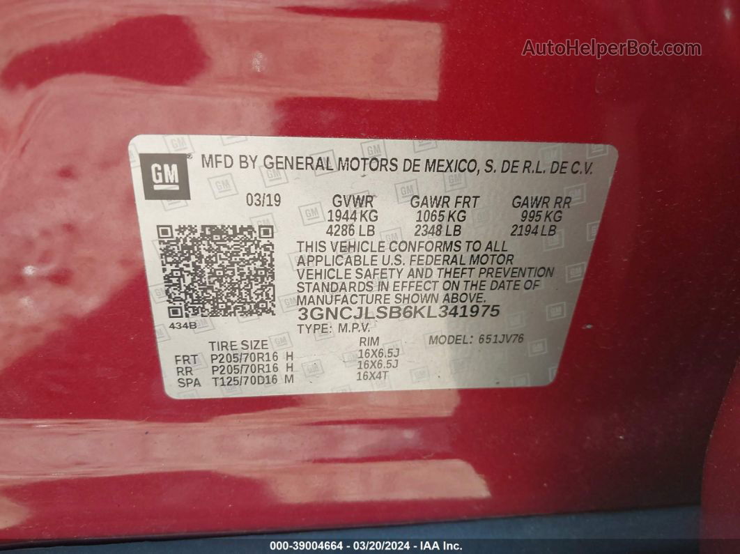 2019 Chevrolet Trax Lt Red vin: 3GNCJLSB6KL341975