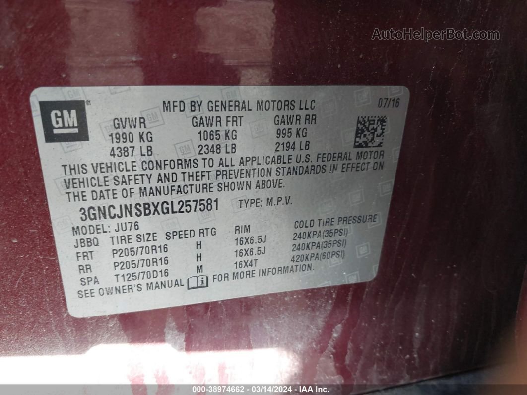 2016 Chevrolet Trax 1ls Maroon vin: 3GNCJNSBXGL257581