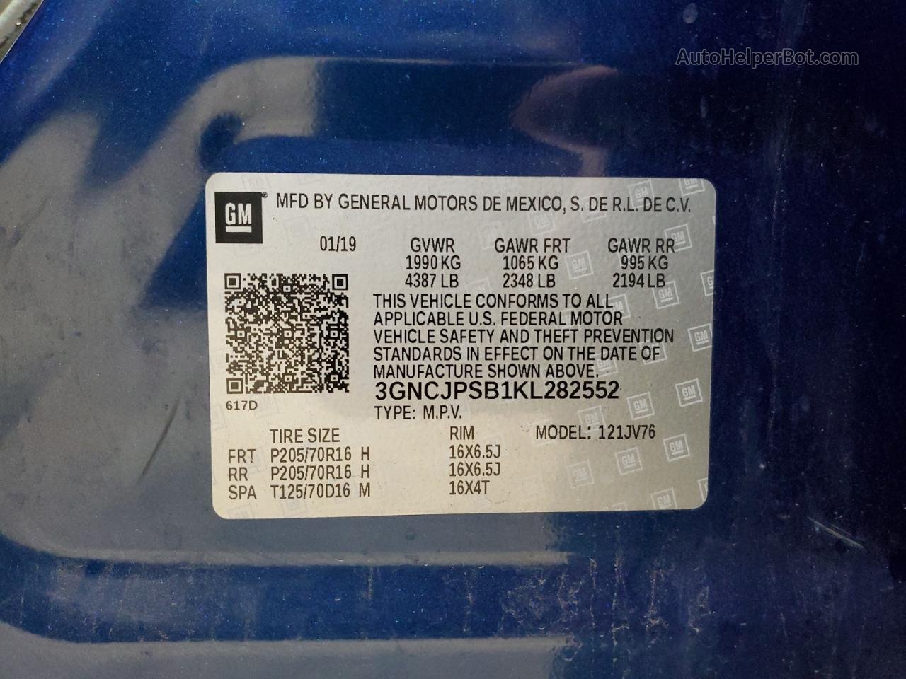2019 Chevrolet Trax 1lt Blue vin: 3GNCJPSB1KL282552