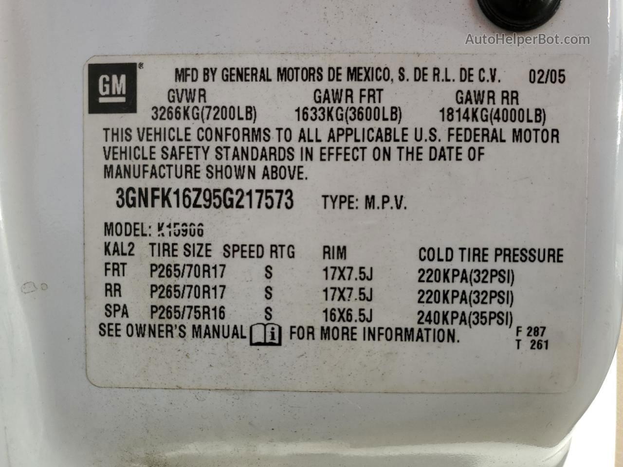 2005 Chevrolet Suburban K1500 White vin: 3GNFK16Z95G217573