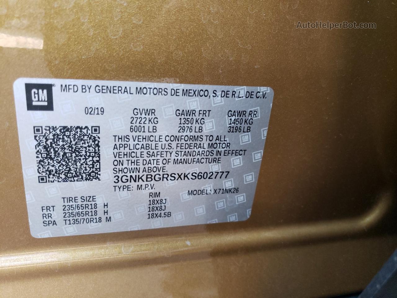 2019 Chevrolet Blazer 2lt Gold vin: 3GNKBGRSXKS602777