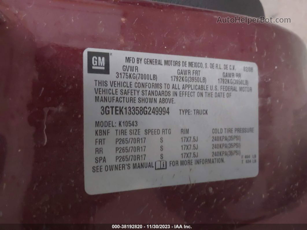 2008 Gmc Sierra 1500 Slt Maroon vin: 3GTEK13358G249994