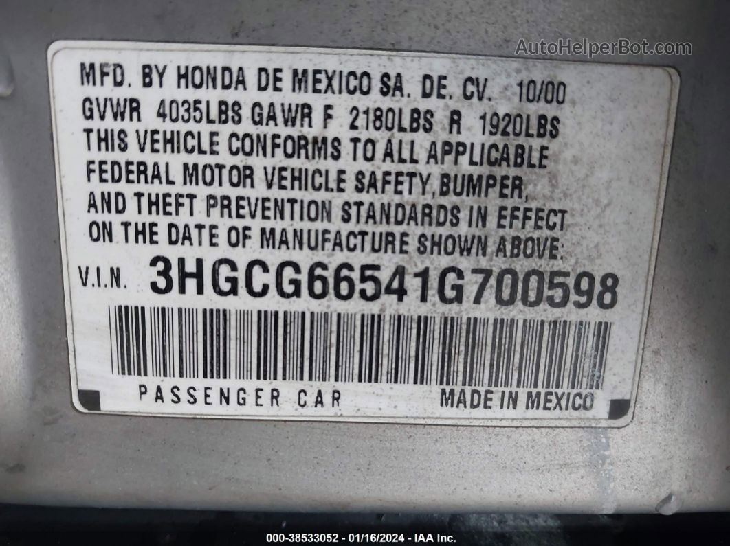 2001 Honda Accord Sdn Lx Silver vin: 3HGCG66541G700598