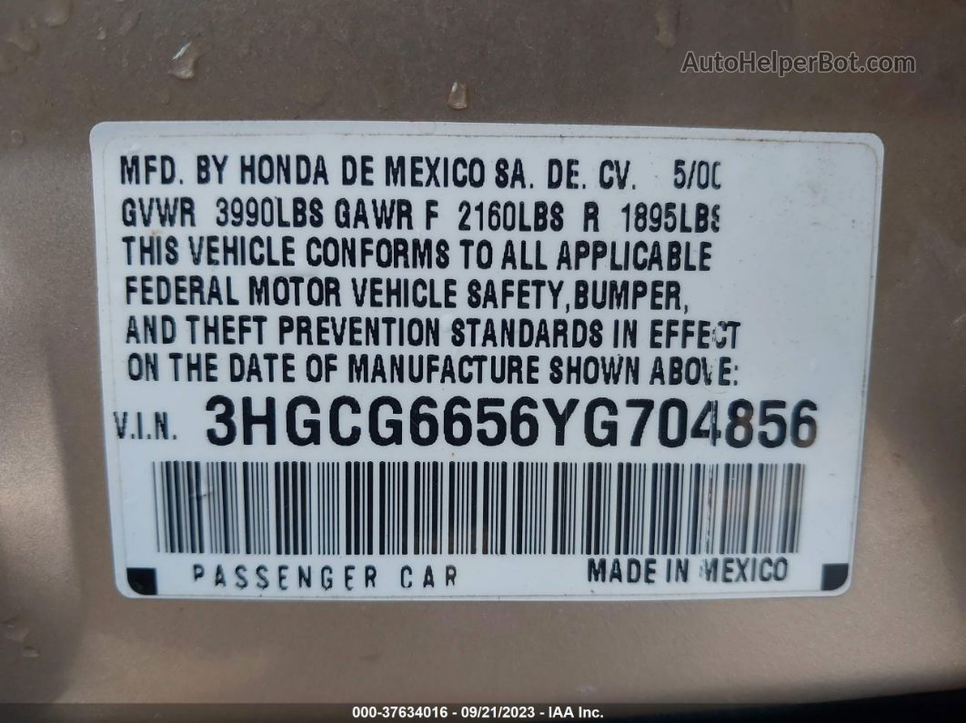 2000 Honda Accord Sdn Lx Champagne vin: 3HGCG6656YG704856