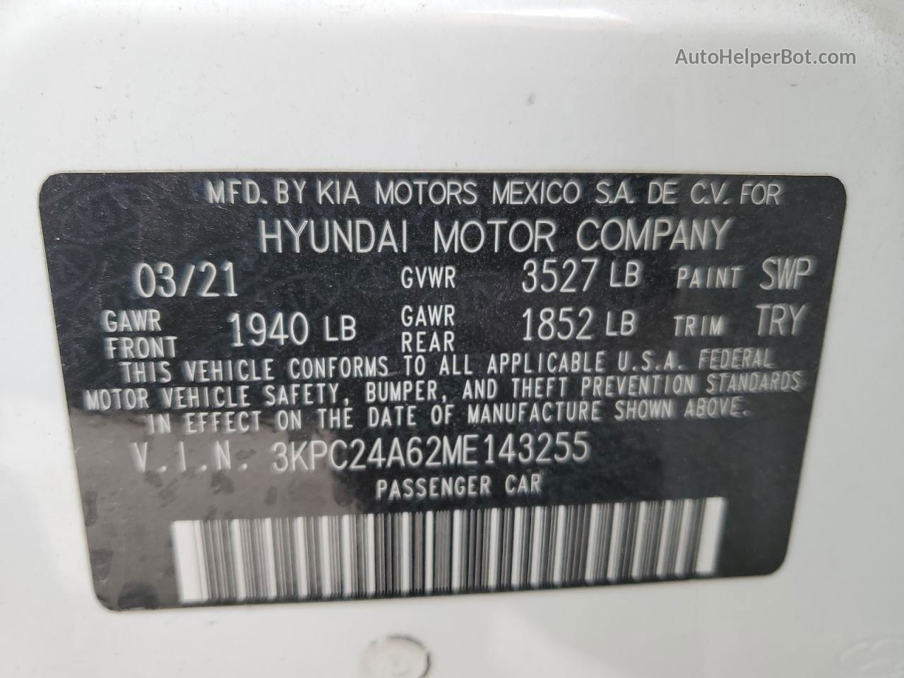 2021 Hyundai Accent Se White vin: 3KPC24A62ME143255