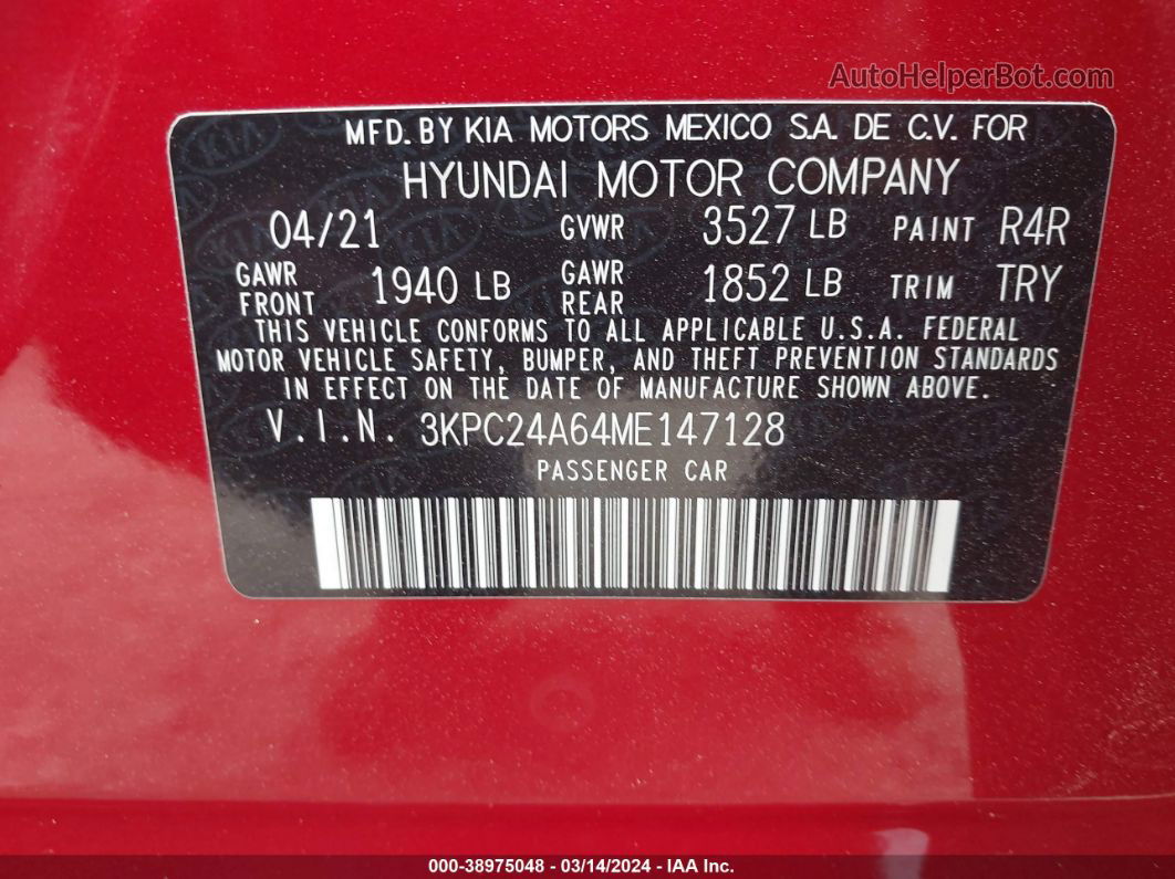 2021 Hyundai Accent Se Red vin: 3KPC24A64ME147128