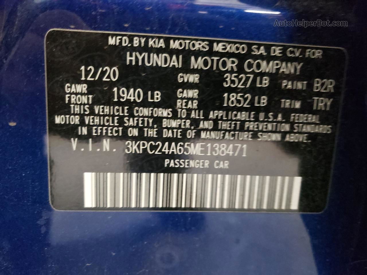 2021 Hyundai Accent Se Blue vin: 3KPC24A65ME138471