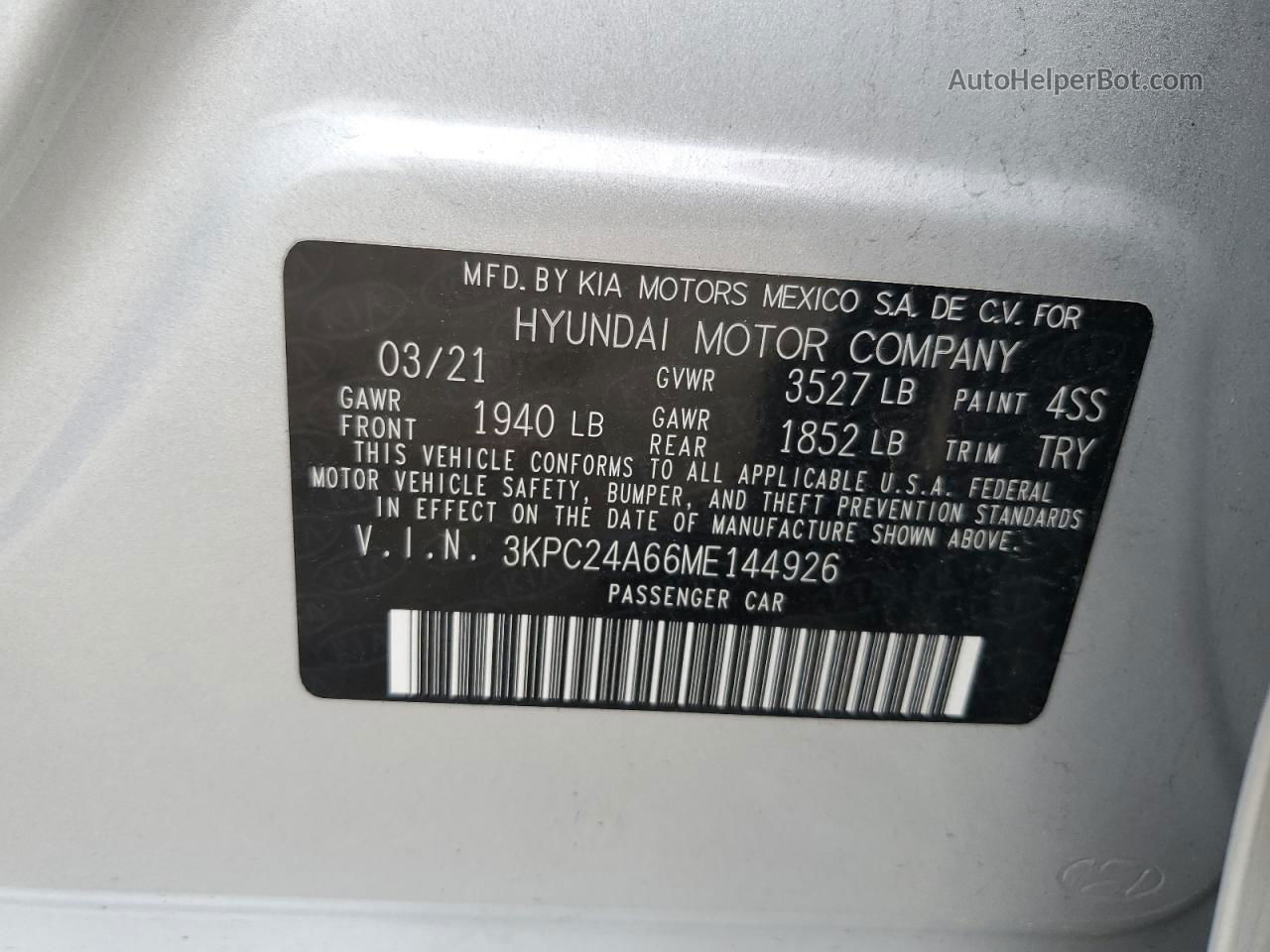 2021 Hyundai Accent Se Gray vin: 3KPC24A66ME144926