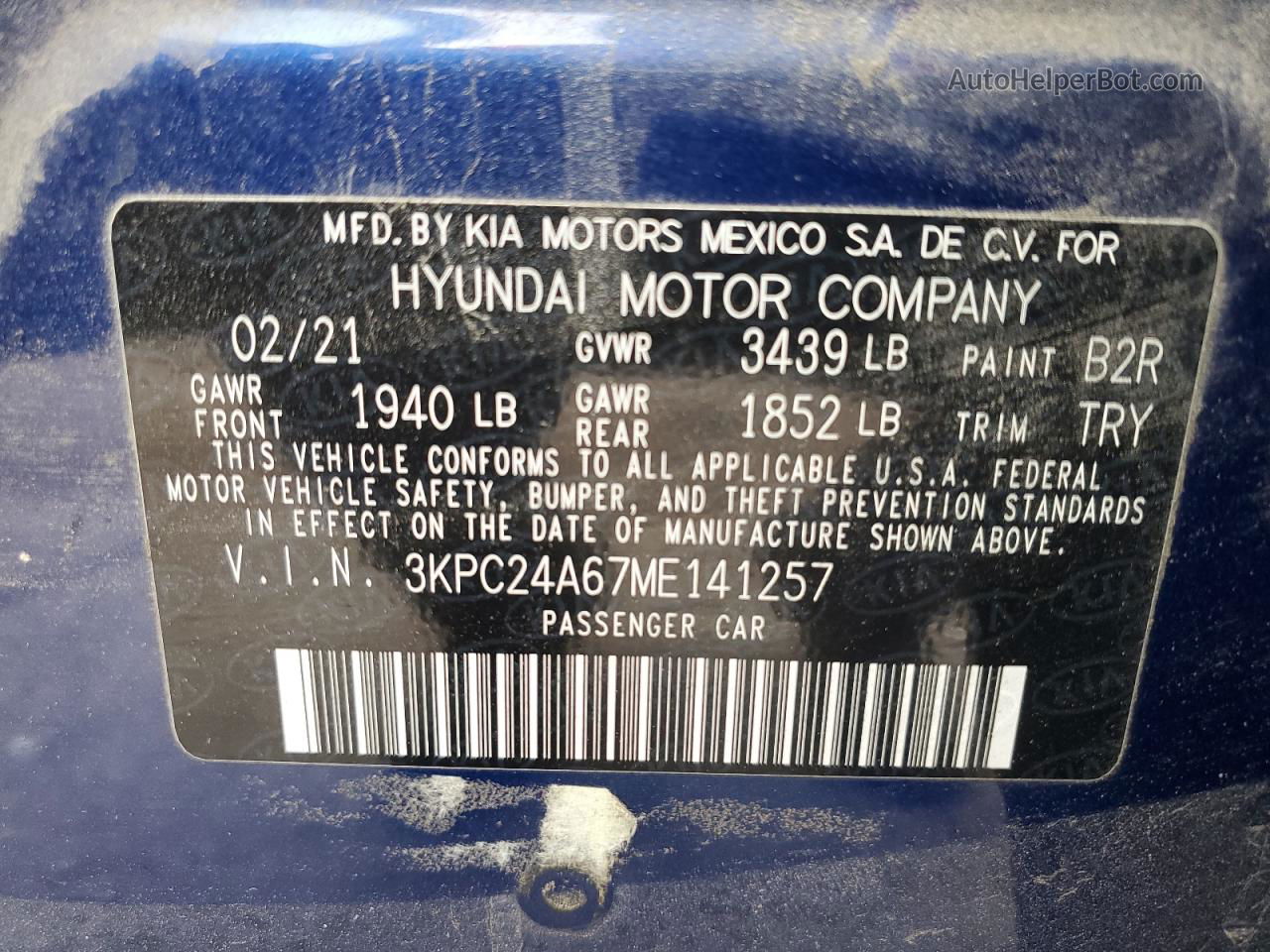 2021 Hyundai Accent Se Blue vin: 3KPC24A67ME141257