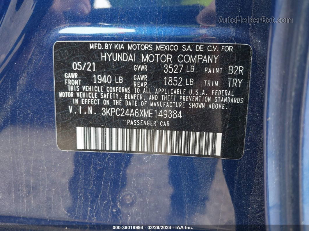 2021 Hyundai Accent Se Blue vin: 3KPC24A6XME149384