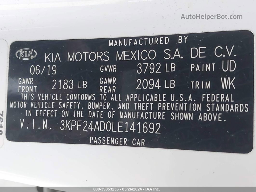 2020 Kia Forte Lxs White vin: 3KPF24AD0LE141692