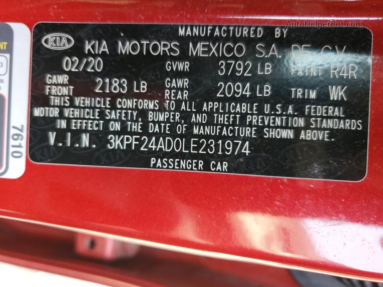 2020 Kia Forte Fe Red vin: 3KPF24AD0LE231974