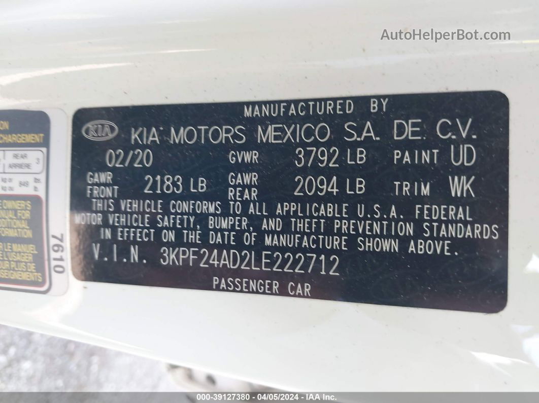 2020 Kia Forte Lxs White vin: 3KPF24AD2LE222712